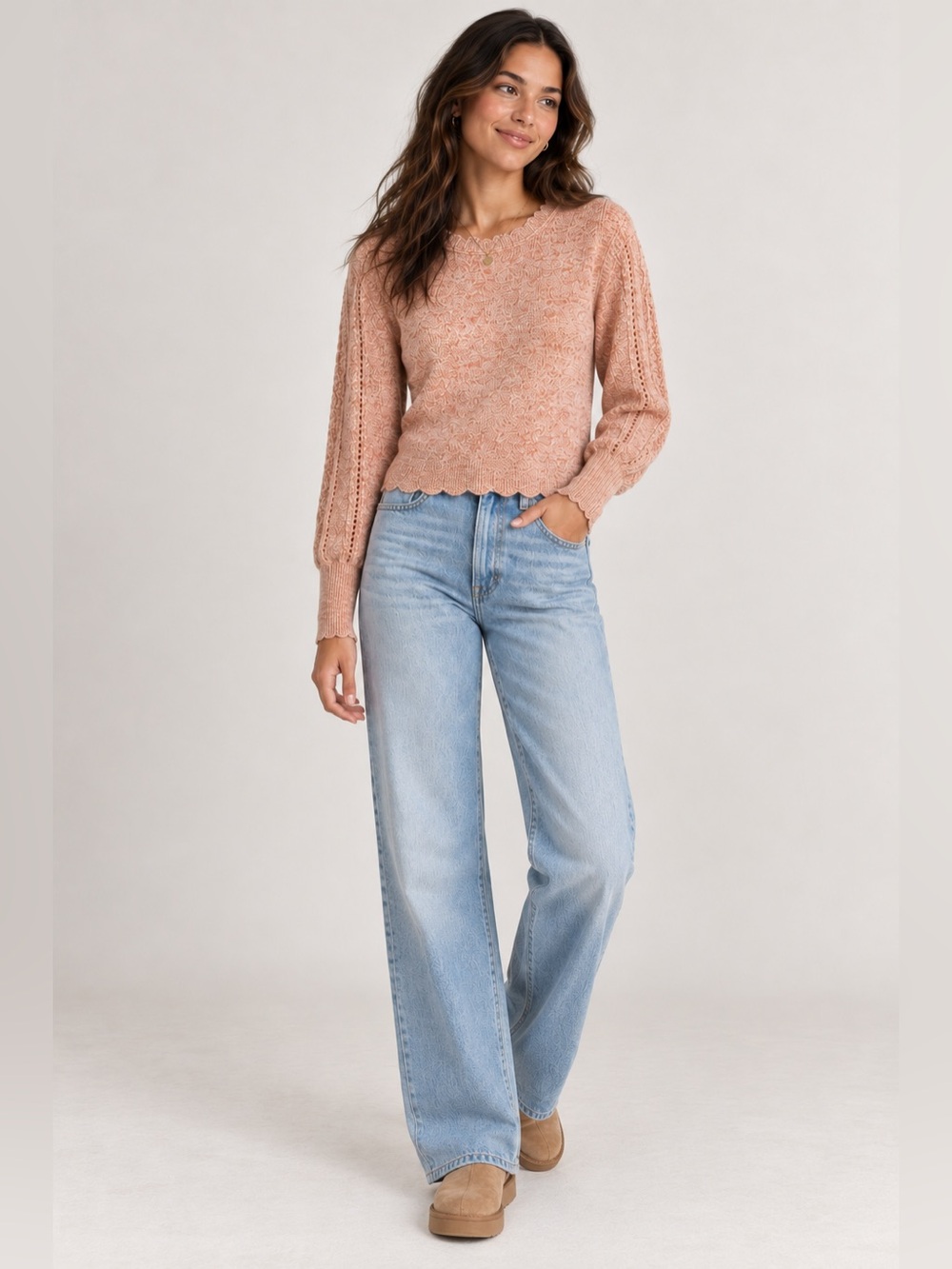 NWT Frye Marled Scalloped Knit Wool Sweater – Peach – S